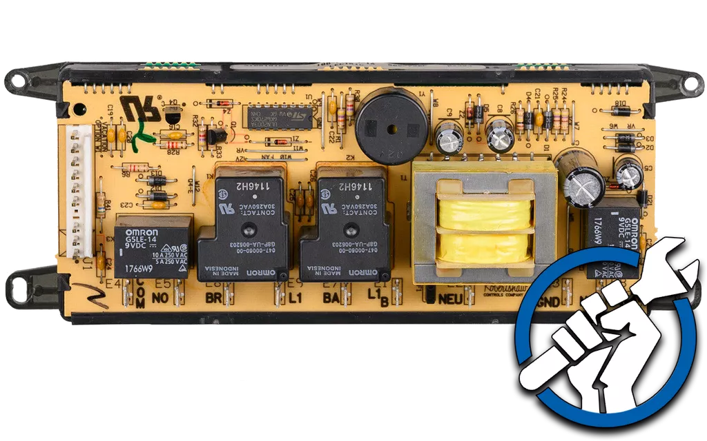 A close-up of an automotive electronic control module or relay board on a white background, with a blue wrench-and-hands icon overlay in the bottom right corner.