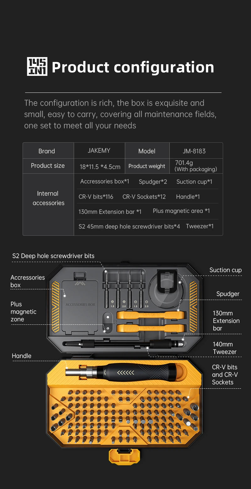 Jakemy JM-8183 Magnetic Non-Slip Precision Screwdriver Tool Kit 145 in 1